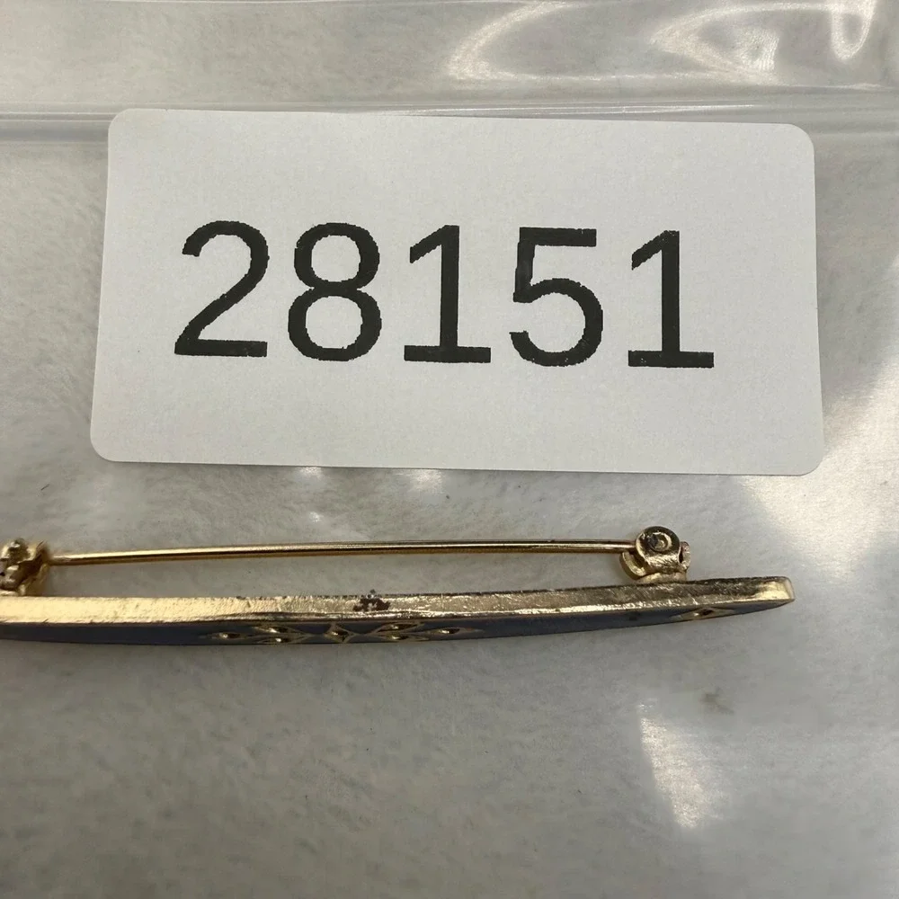 Vintage Guilloche Enamel Bar Brooch Gold Tone Blue